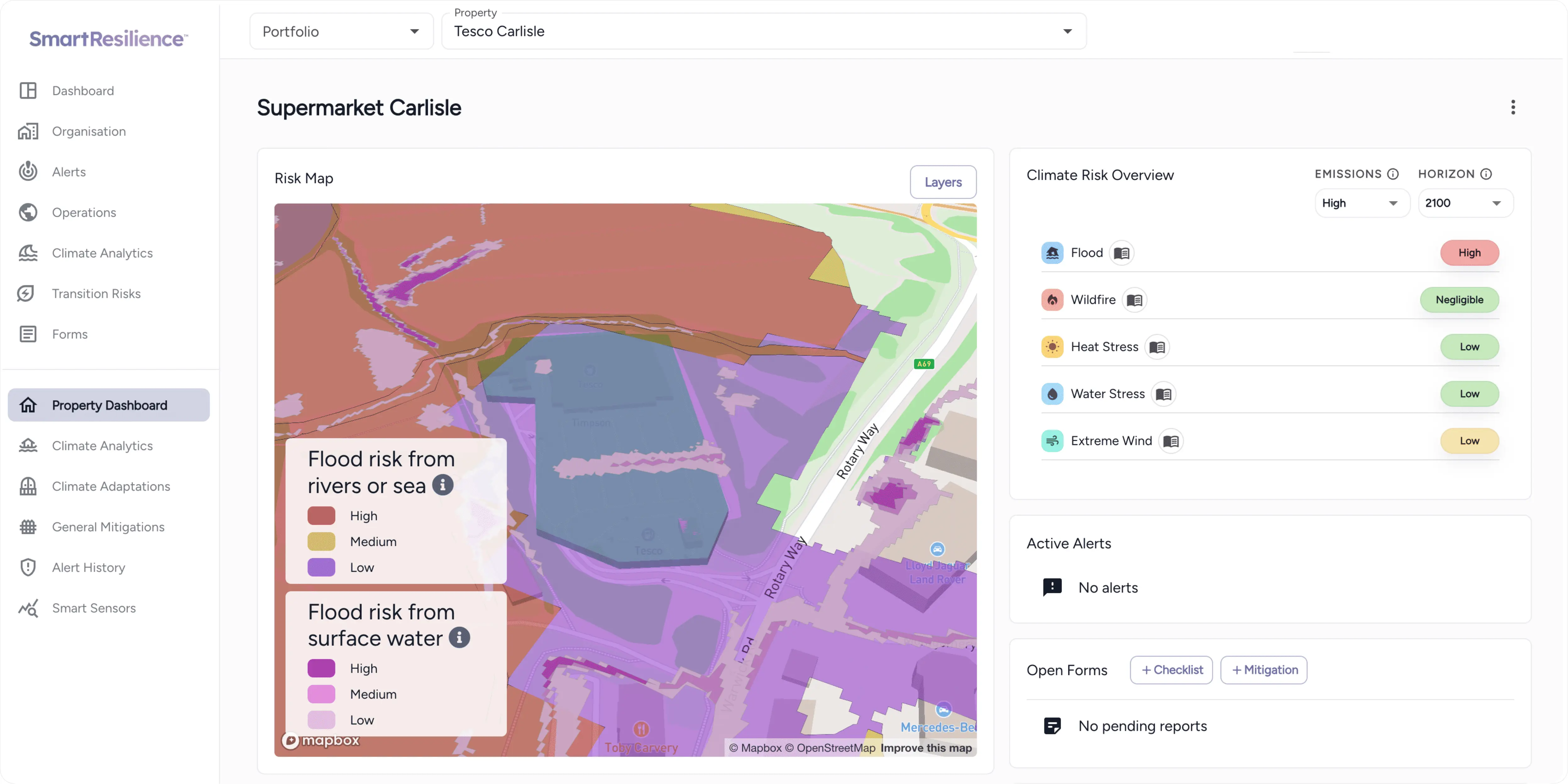 SmartResilience platform showing property risk map and climate risk overview by hazard